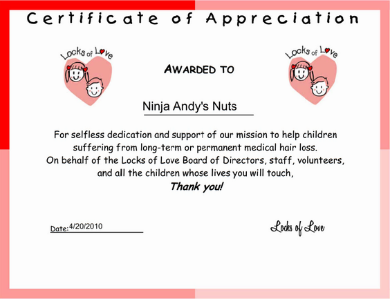Ninja Andy's Locks of Love Donation Certificate