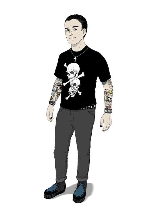  black Tshirt with skull motif slickedback hair sleeve tattoo 